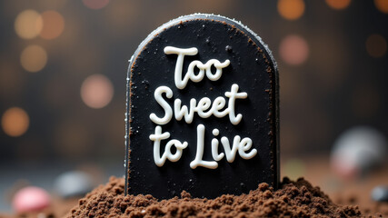 Black round sign with Too Sweet to Live message placed beside spooky Halloween candles