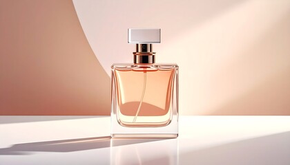 A square, clear perfume bottle sits center, filled with a peach-colored liquid. Its metal top and a white cap shine in warm, soft lighting