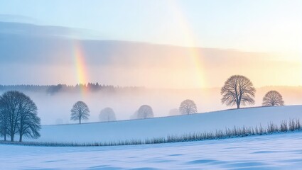 Misty Winter Sunrise Over a Snowy Rolling Landscape.