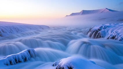 Misty Winter Waterfall Flowing Through a Snowy Landscape.