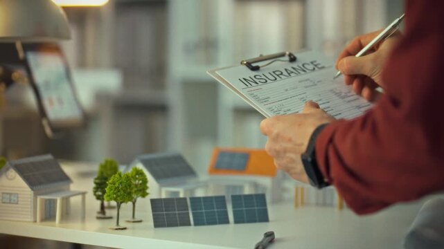 A person is reviewing an insurance form for renewable energy projects in a contemporary office environment. Model houses and solar panels are displayed around the workspace