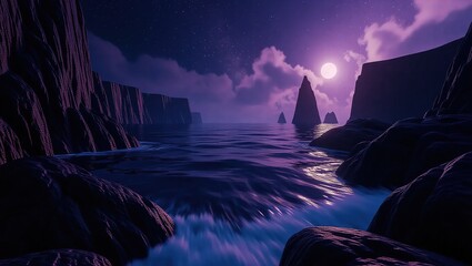 Mystical Night Ocean Landscape with Full Moon and Towering Cliffs.