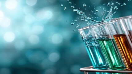 Colorful liquids bursting from test tubes create a lively splash effect, highlighting the excitement of scientific experimentation and creativity in a laboratory setting.