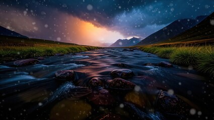 Mystical River Flowing Through a Mountain Valley at Twilight.