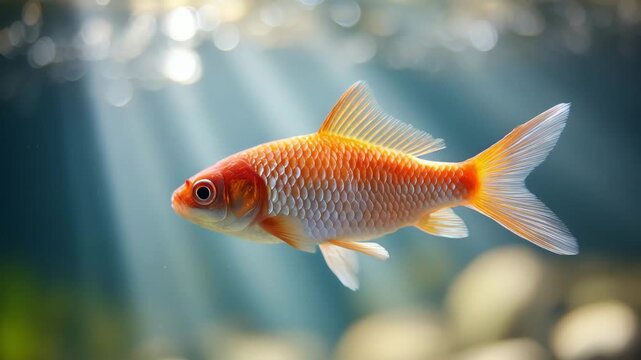 Underwater view on a little gold fish swimming in lake.