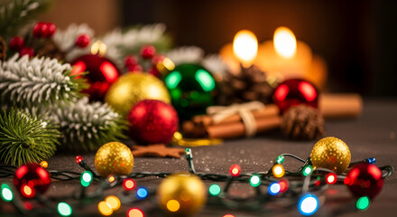 Festive Christmas Decor with Lights & Ornaments