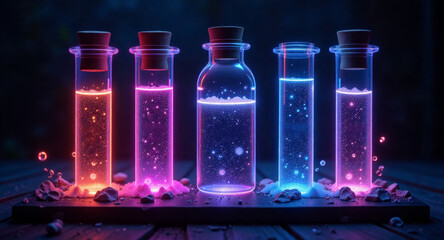 Glowing Halloween potion bottles on dark background with magical smoke and sparkles