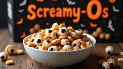 Halloween cereal Screamy-Os in bowl with eyeballs and spooky background