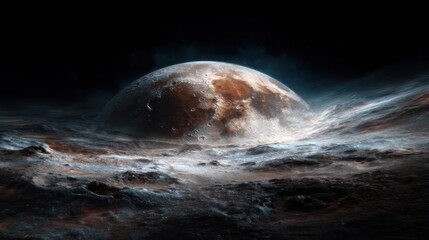 An imaginative depiction of a moon looming over a dreamy landscape with swirling clouds and light, invoking feelings of wonder and exploration in a celestial realm.