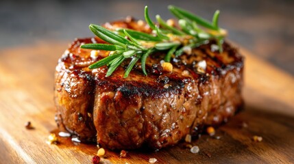 This mouthwatering image perfectly captures a juicy grilled steak adorned with fresh herbs and spices, showcasing the art of culinary presentation and flavor.