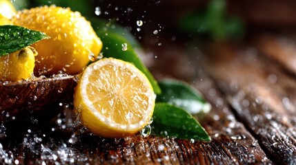 Bright, fresh lemons with water droplets create a lively scene on a rustic wooden surface, perfect for summer-themed designs or refreshing beverage promotions.