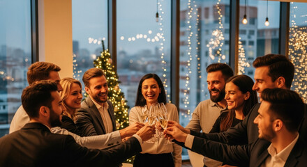 Joyful business team toasting with champagne in a modern office during a festive Christmas celebration, conveying success and camaraderie.