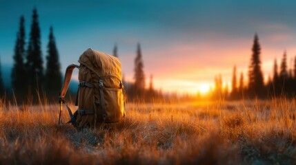 A stunning hiking backpack stands alone in a tranquil field with a vibrant sunset, illustrating a sense of adventure and the beauty of nature during twilight hours.