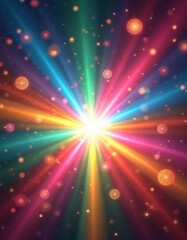 Fototapeta premium Bright light explodes with rainbow colors against dark starry sky. Ornate circular shapes float in cosmic nebula with bokeh effects. Abstract space background.