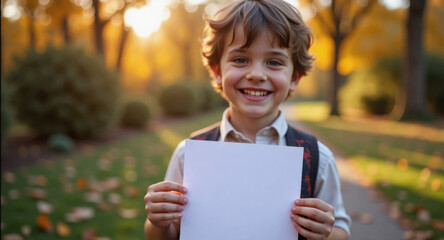Boy in Halloween outfit smiling while holding blank sign in autumn park