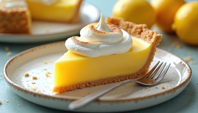 Slice of lemon meringue pie on plate. Yellow custard filling and fluffy white meringue topping with golden crust. Fork near dessert. Delicious baked sweet food for cafe or restaurant.
