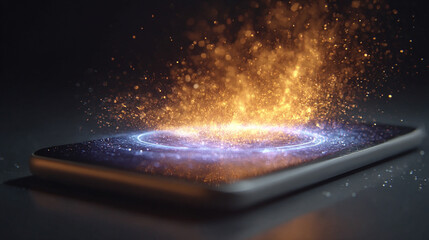 A smartphone levitates as a holographic interface explodes outward in hyperrealistic detail. The scene symbolizes innovation, digital power, and future connectivity through vibrant light and motion.