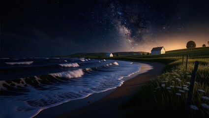 Nighttime Coastal Landscape with Milky Way and Building.