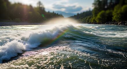 Foaming river wave catches sunlight creating a colorful rainbow arc.