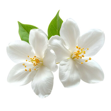 Two delicate white flowers with yellow centers, accented by green leaves on a black background