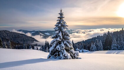 Fototapeta premium A snow-covered evergreen stands prominently in a sunlit winter landscape, with mountains and clouds in the background