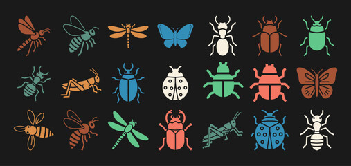 Diverse wildlife insect icons featuring butterflies bees dragonflies beetles ants ladybugs and grasshoppers in multiple colors on a black background