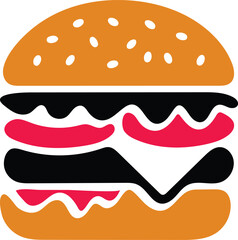 Stylized Burger Icon with Orange Bun Black Patty and Red Tomato Slices on White Background Keywords: burger, hamburger, cheeseburger, fast food, icon, illustration, sandwich, junk food, unhealthy