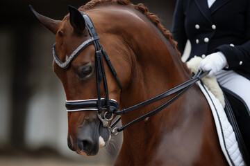 Elegant chestnut horse with braided mane and polished bridle, ridden by a person in formal equestrian attire, captured during a dressage performance.