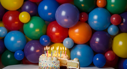 Festive Birthday Cake with Vibrant Party Balloons