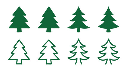 Fototapeta premium Set of christmas trees four solid green and four outline stylized evergreen icons