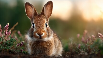 Fototapeta premium A charming rabbit poses in a lush garden setting, showcasing its soft fur and beautiful ears, providing a glimpse into the tranquility of nature at sunset.