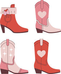 Set of pink and red cowgirl boots with heart and star designs, cute western footwear illustration, stylish country fashion art