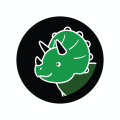Cute green triceratops cartoon head in a black circle background. Simple flat vector illustration with white outline, modern minimal dinosaur icon style.