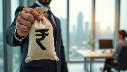 Businessman holds money bag with Indian rupee symbol, offering cash payment in modern office. Male investor offers financial support, loan, salary profit. Economic concept of Indian business, income,