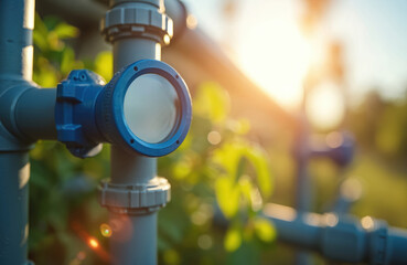 Close-up of digital water meter on pipe installation in sunny outdoor setting. Water meter measures flow rate. Pipes connected to meter with fittings. Green leaves in background. Sun shines brightly.