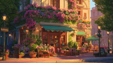 Fototapeta premium Charming floral cafe with outdoor seating and vibrant blooms in a sunny setting