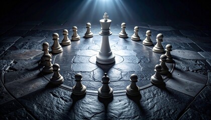 White chess king surrounded by pawns on circular stone floor under dramatic spotlight — concept of leadership, power and strategy. 1