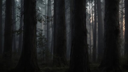 Obraz premium Dark forest scene with tall trees and subtle light filtering through the canopy.