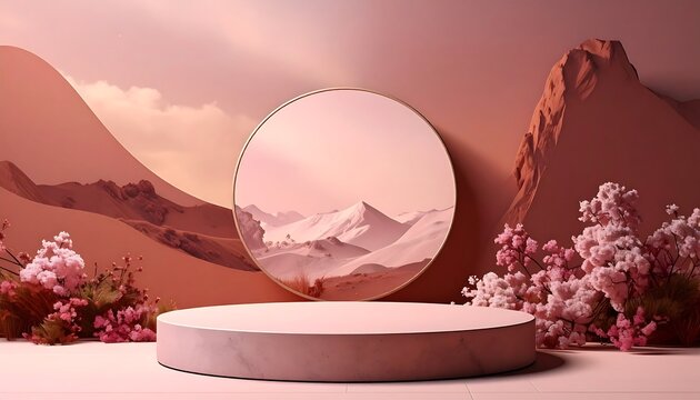 A rose-hued, minimalist product stage with a circular backdrop mirroring a mountainous landscape. Flowering bushes add contrast