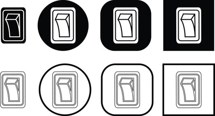 Black switch button icon set, electric toggle collection, power control symbol group, on off rocker outline and flat design, electrical switch vector pack in line style