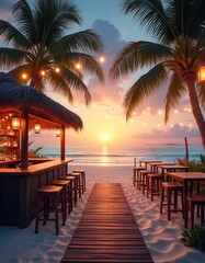 Obraz premium Beachfront bar with string lights stands on sandy shore at sunset. Empty wooden tables, chairs face calm ocean. Tropical paradise with palm trees perfect place to relax on summer vacation, enjoying