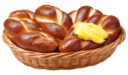 A basket filled with soft, golden-brown pretzel rolls topped with a dollop of creamy butter.