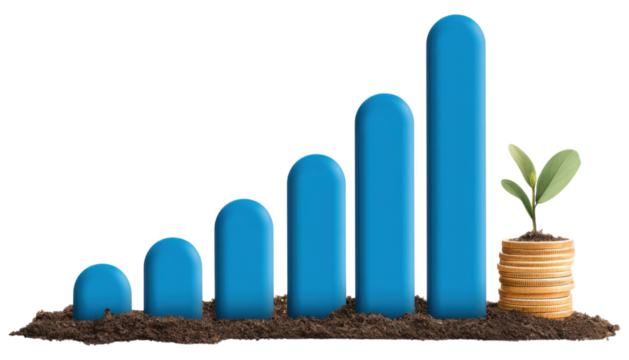 A series of blue bar charts representing growth, accompanied by coins and a small plant, symbolizing financial progress and sustainability.