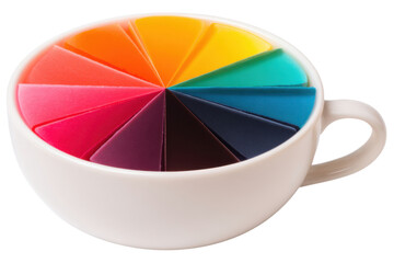 A white cup filled with colorful triangular segments resembling a vibrant color palette.