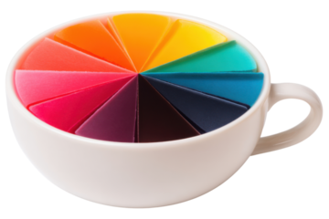 A white cup filled with colorful triangular segments resembling a vibrant color palette.