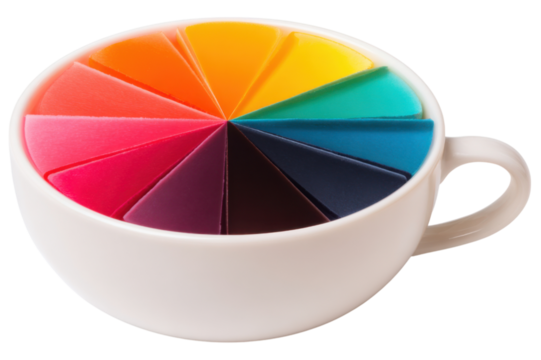A white cup filled with colorful triangular segments resembling a vibrant color palette.