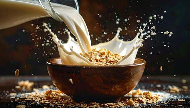 Milk pouring into a bowl of oats, creating a dynamic splash - Powered by Adobe