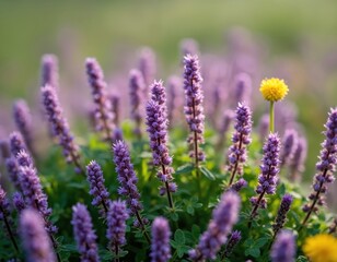 Obraz premium Purple flower spikes bloom in sunny garden field, creating peaceful, serene spring scene. Green leaves surround vibrant herbal plants. Single bright yellow flower stands out among lilac blossoms,