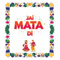 Obraz premium Celebrate vibrant Navratri with this festive design featuring traditional dancers and colorful floral border, perfect for invitations and social media graphics