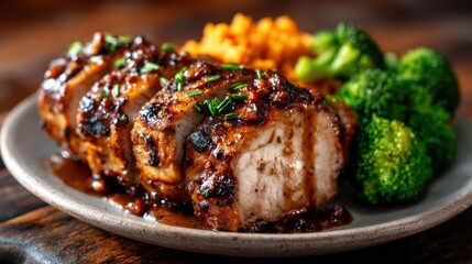A beautifully plated succulent glazed pork dish, garnished with chives, served with steamed broccoli and fluffy rice, perfect for a comforting meal or gathering.